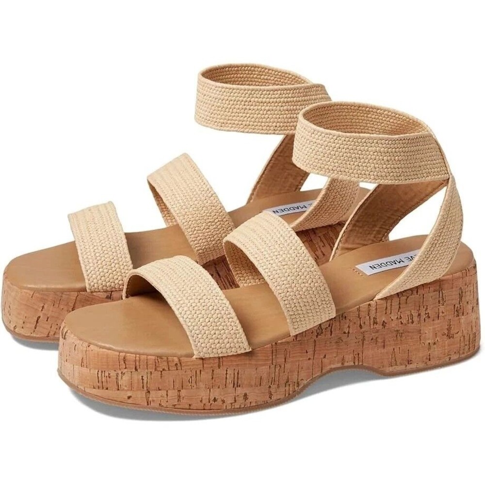 Steve Madden Women's Sashes Raffia Strappy Platform Sandals Wedges Shoes Beige 8 - Picture 2 of 7
